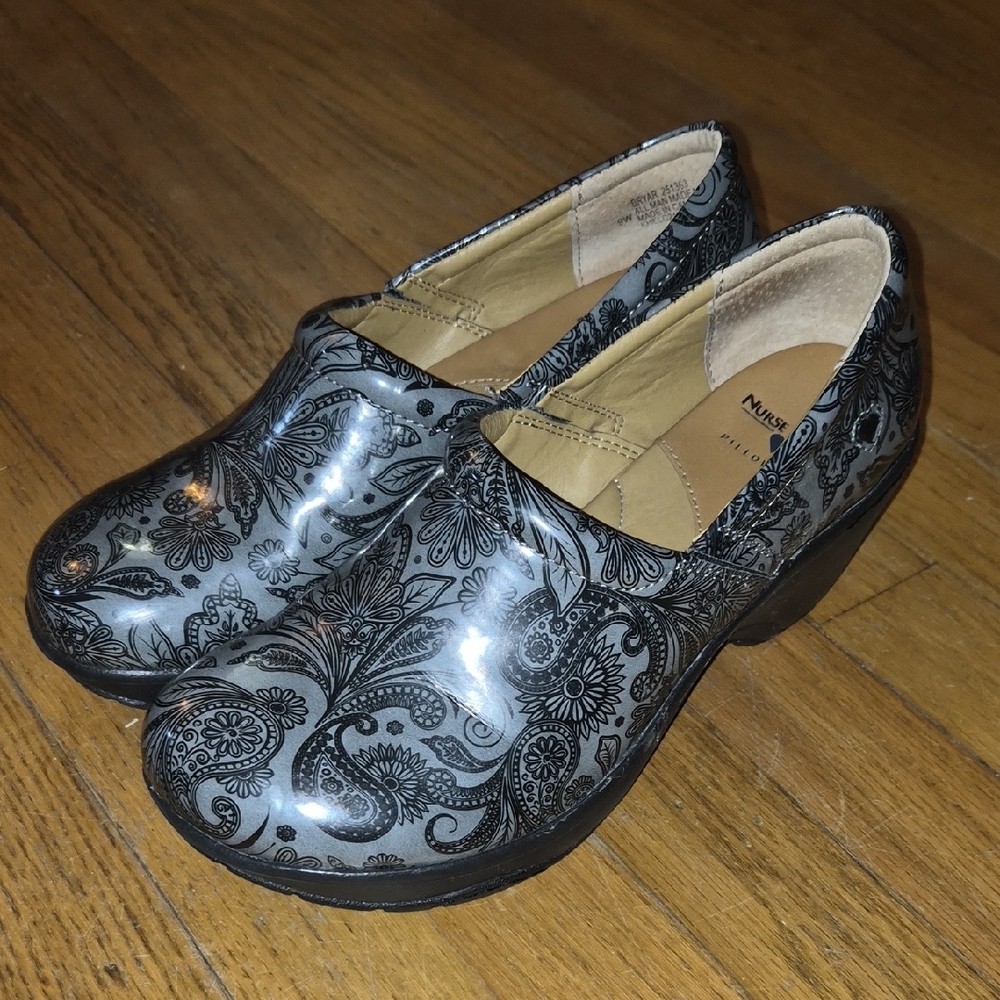 Nurse Mates Black Floral Mules